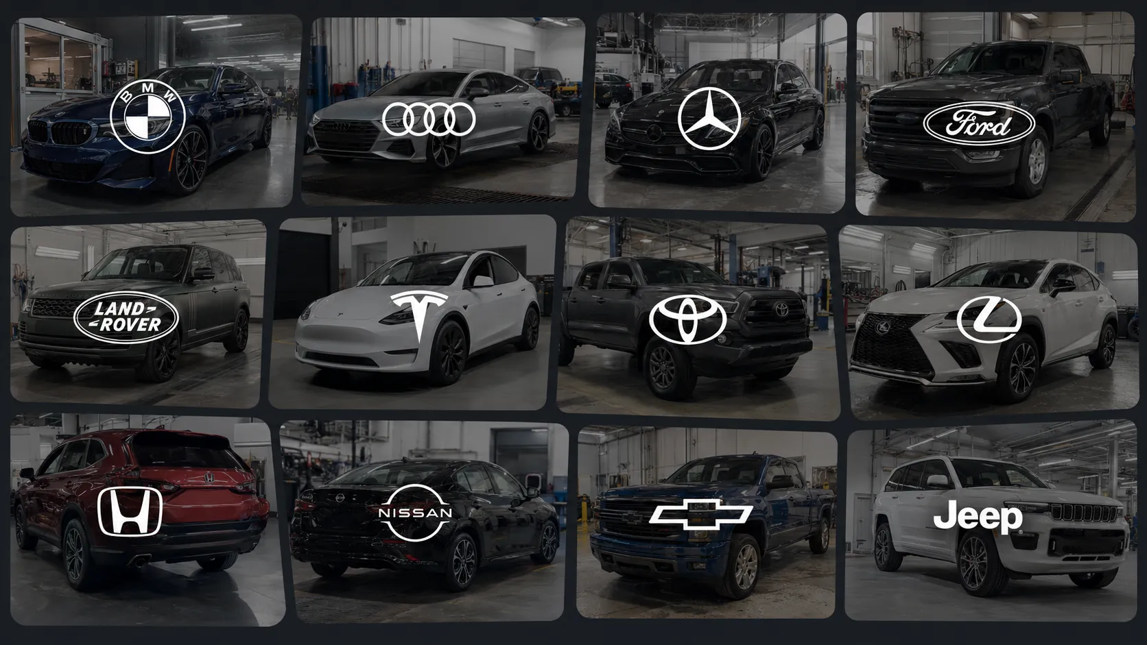Vehículos de distintas marcas atendidas en Menny's Body Shop: BMW, Audi, Mercedes-Benz, Ford, Land Rover, Tesla, Toyota, Lexus, Honda, Nissan, Chevrolet y Jeep