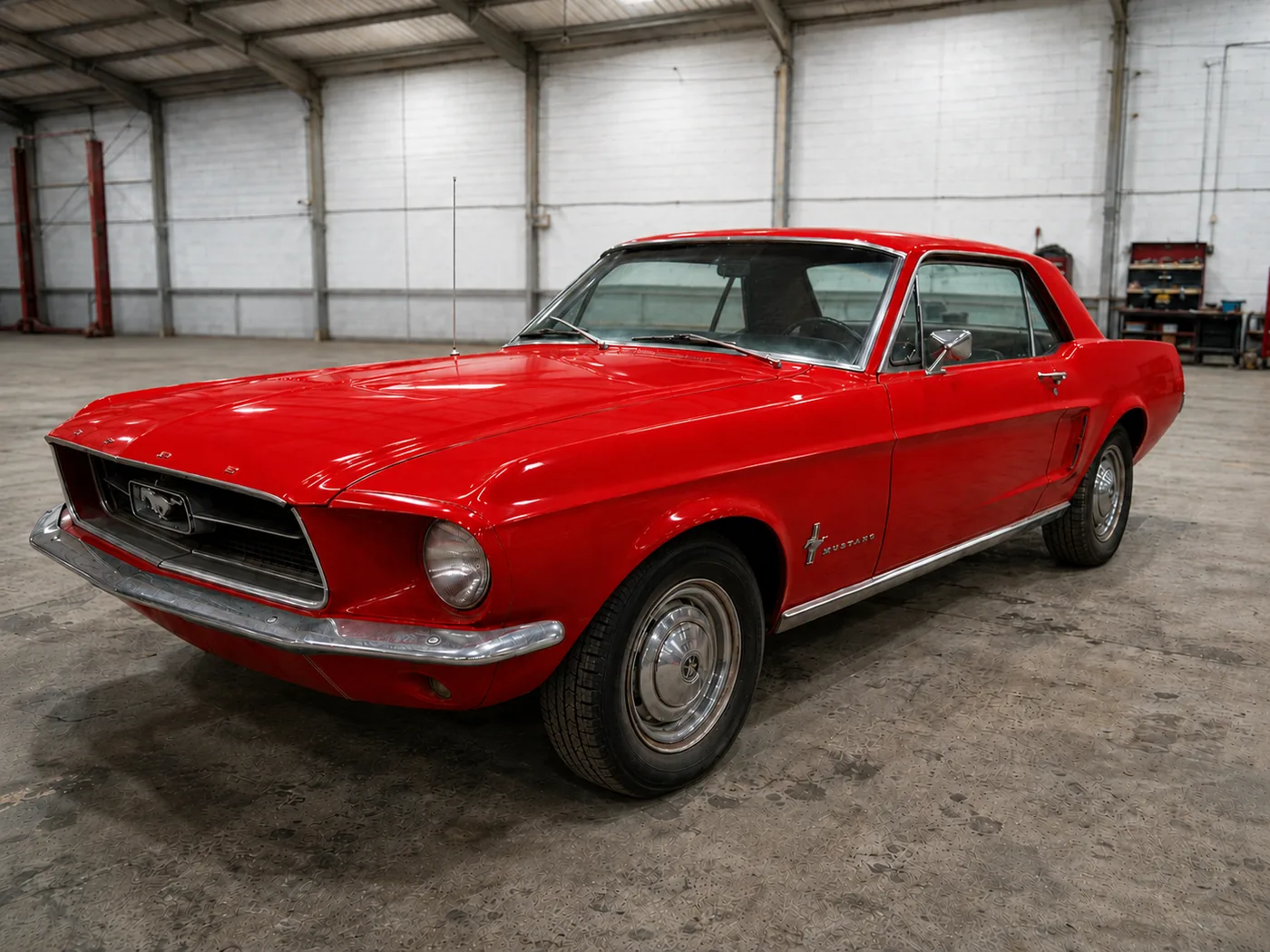 Ford Mustang clásico con pintura restaurada a un rojo de alto brillo, después del proceso