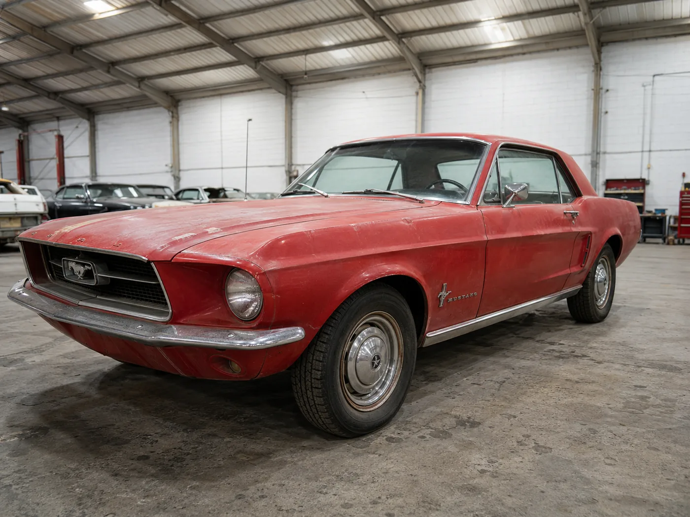 Ford Mustang clásico con pintura opaca y desgastada, antes del proceso
